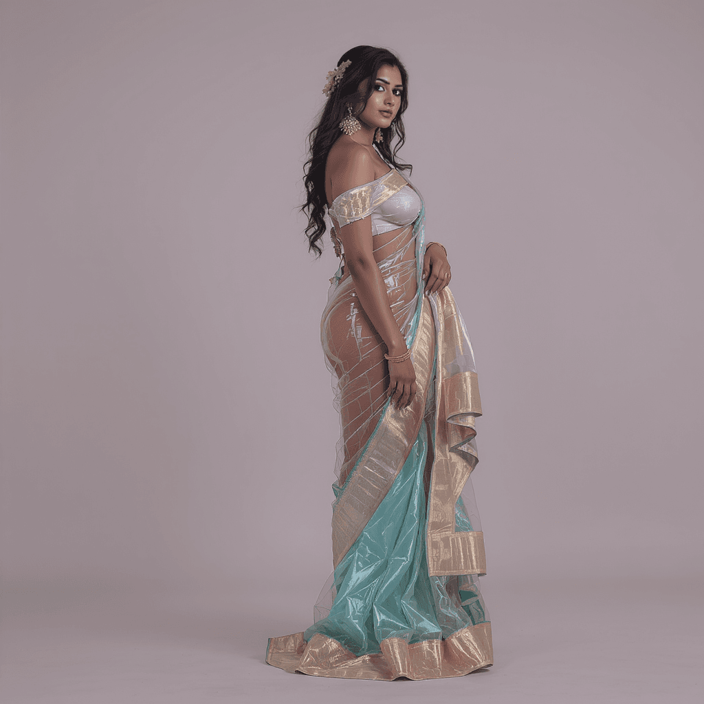 AI generated: busty indian in sexy transparent saree with off shoulder blouse and high heels side pose