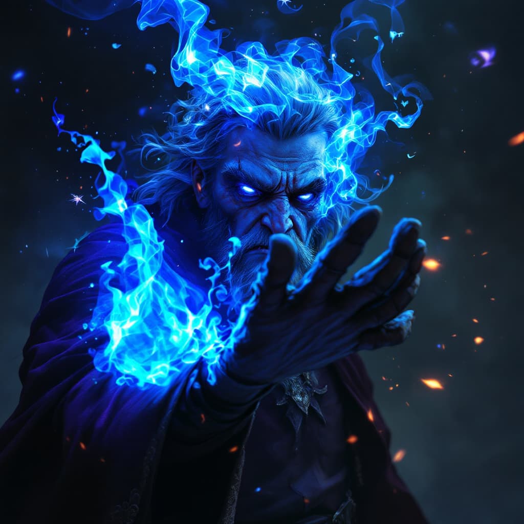 AI generated: Character from a fantasy novel.  Conflicted magician. knows he can conjur amazing things bet they ar...