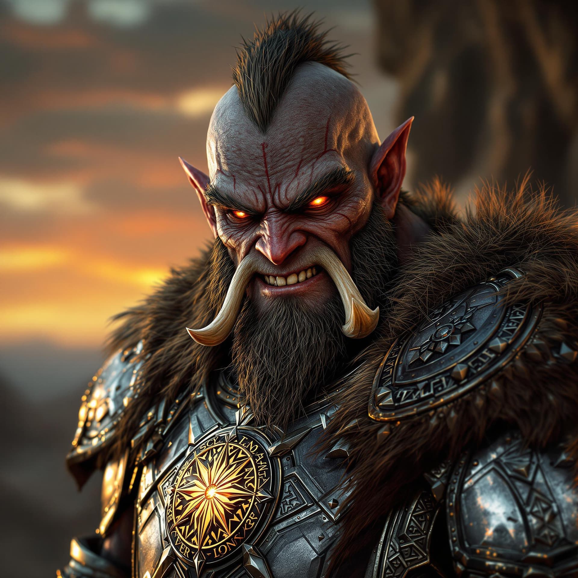 AI generated: High resolution photo portrait, handsome orc paladin, shiny silver plate armor! ! glowing sun emblem...
