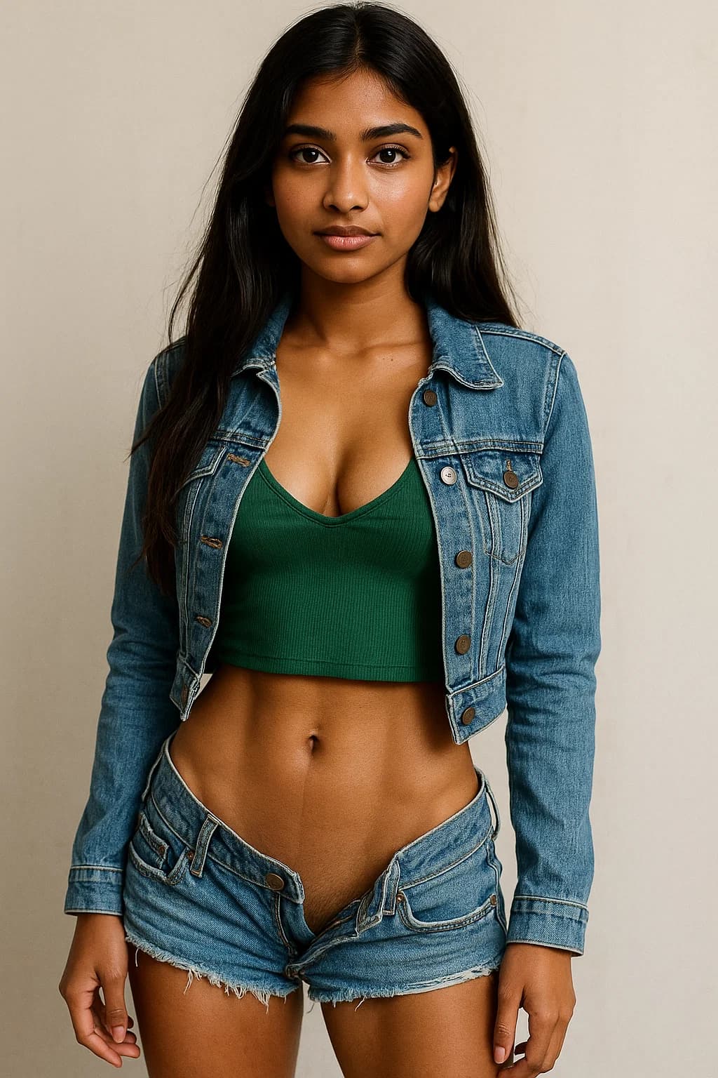 AI generated: indian girl, age: petite 19, wears a Green sleeveless cleavage top, which sits very loose, Denim hig...
