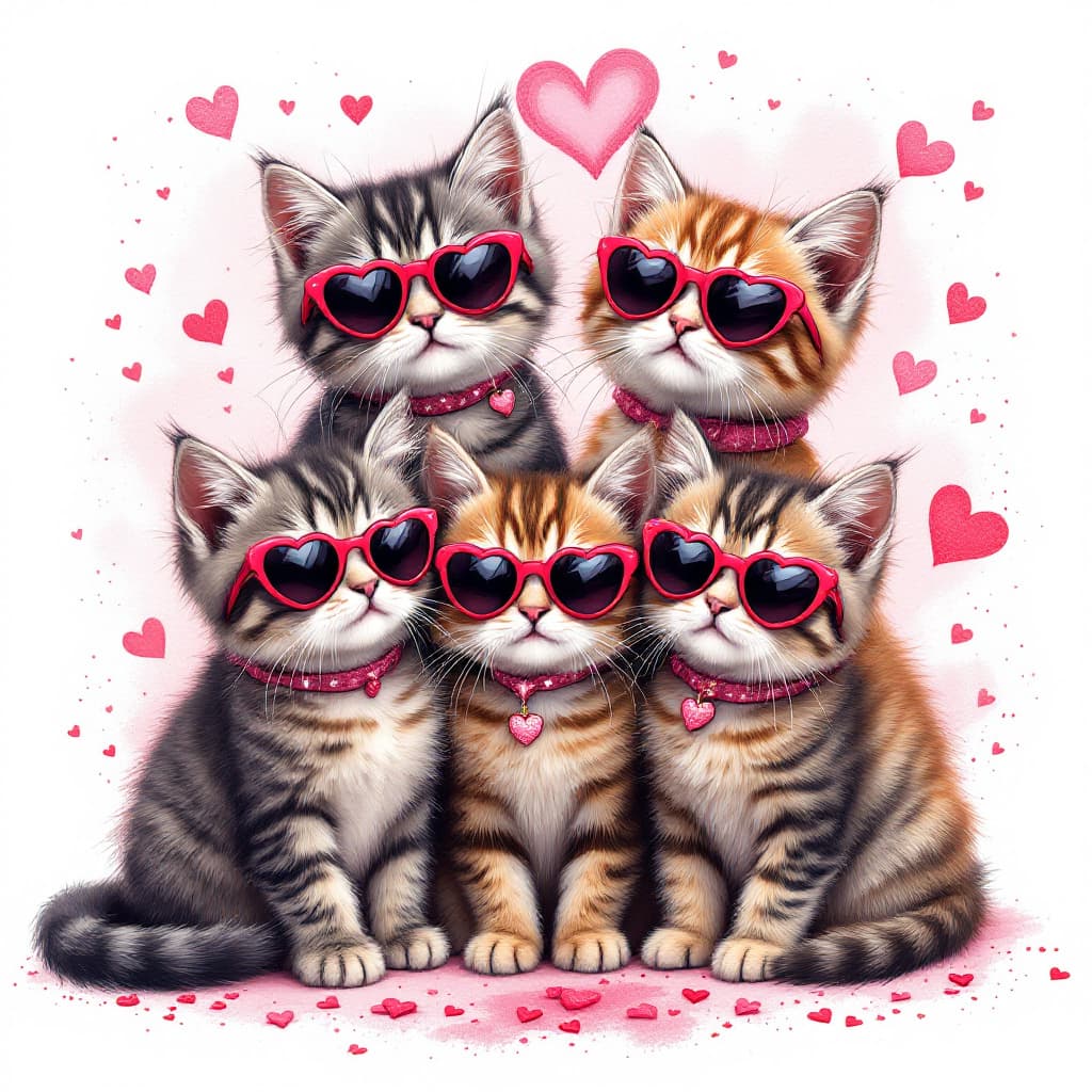 AI generated: graphic t 4 cats grouped together wearing pink with red trim valentine themed wearing heart shaped s...