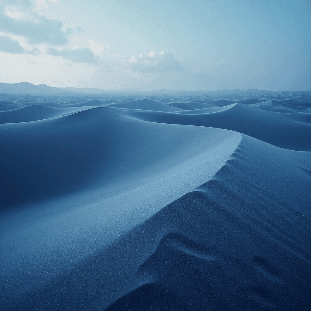 AI generated: navy blue colored sand with floating sand over the dune surrounded by endless desert of divers dunes...