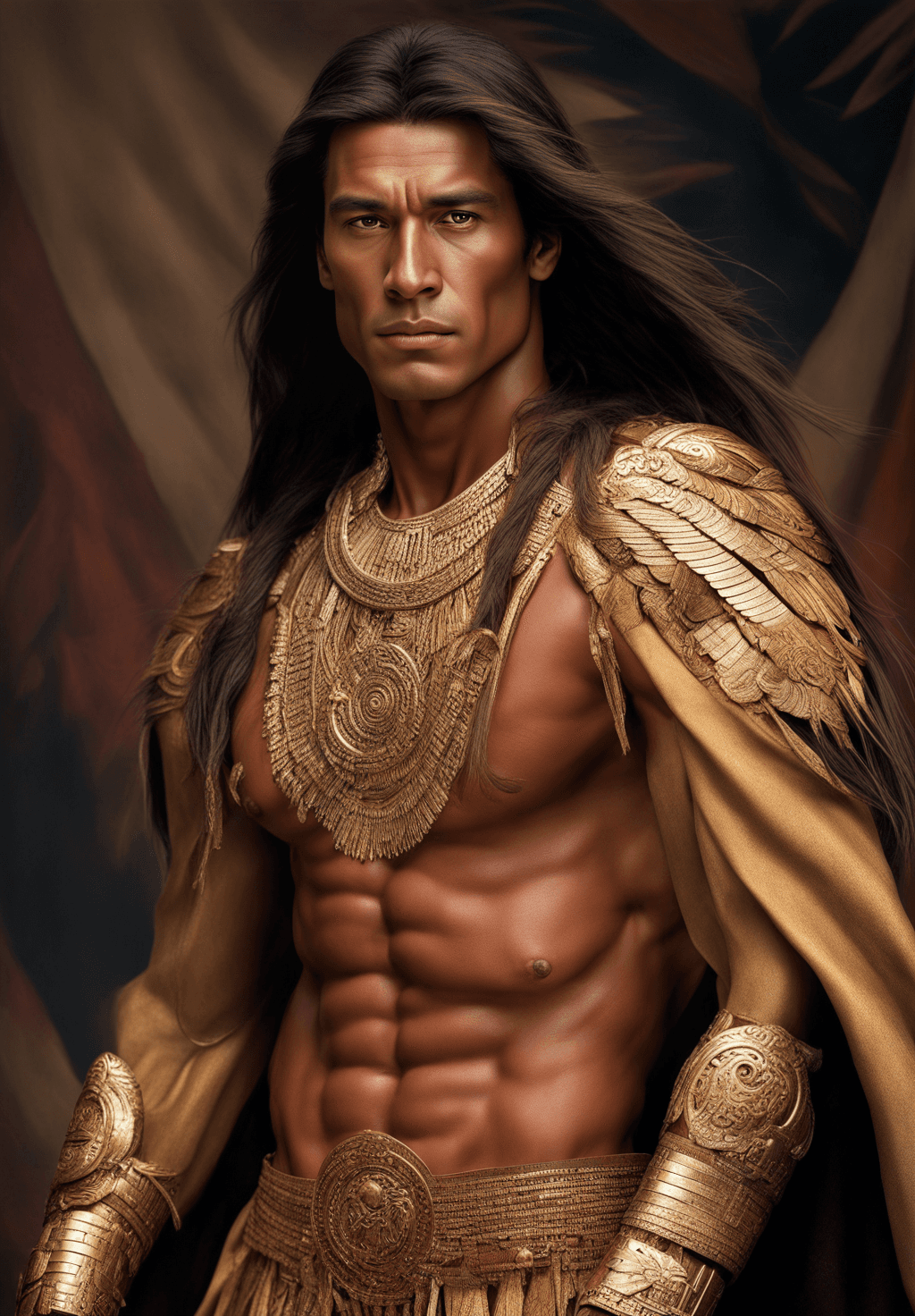 AI generated: hyper realistic photography, muscular man, Inca race, Andean face, eagle nose, long hair with many b...