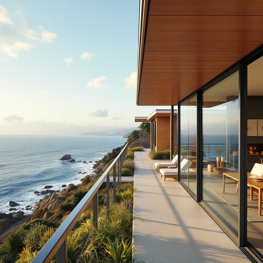 AI generated: Hyper realistic eye level exterior photo of a mid century modern style house overlooking the ocean, ...