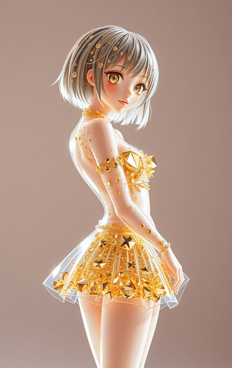 AI generated: Transparent short hair and short skirt girl made of gold diamonds