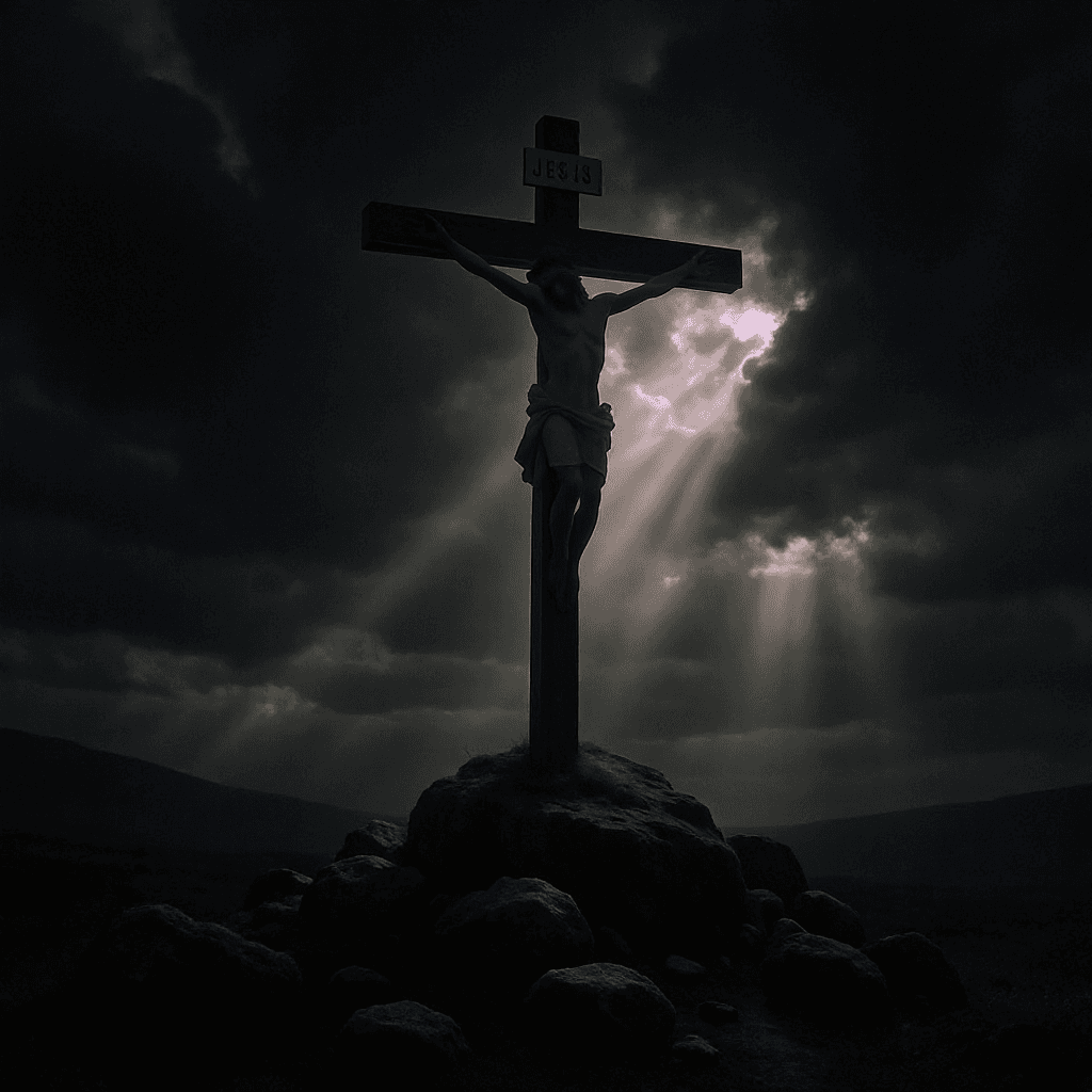 AI generated: “Jesus on the cross at Golgotha, darkened skies, dramatic lighting breaking through clouds, cinemati...