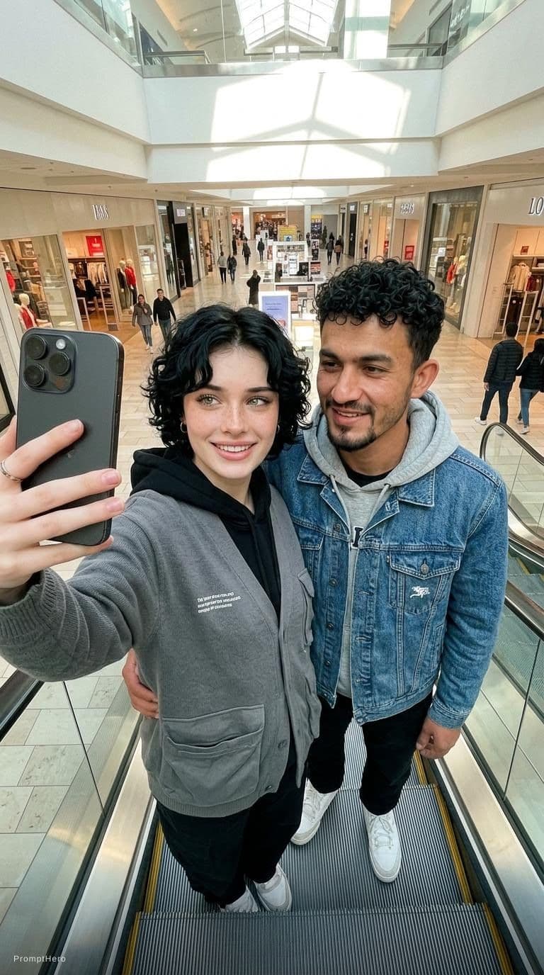 AI generated: a selfie take with her hand, instagram style, one young korean woman with boy professional model tak...