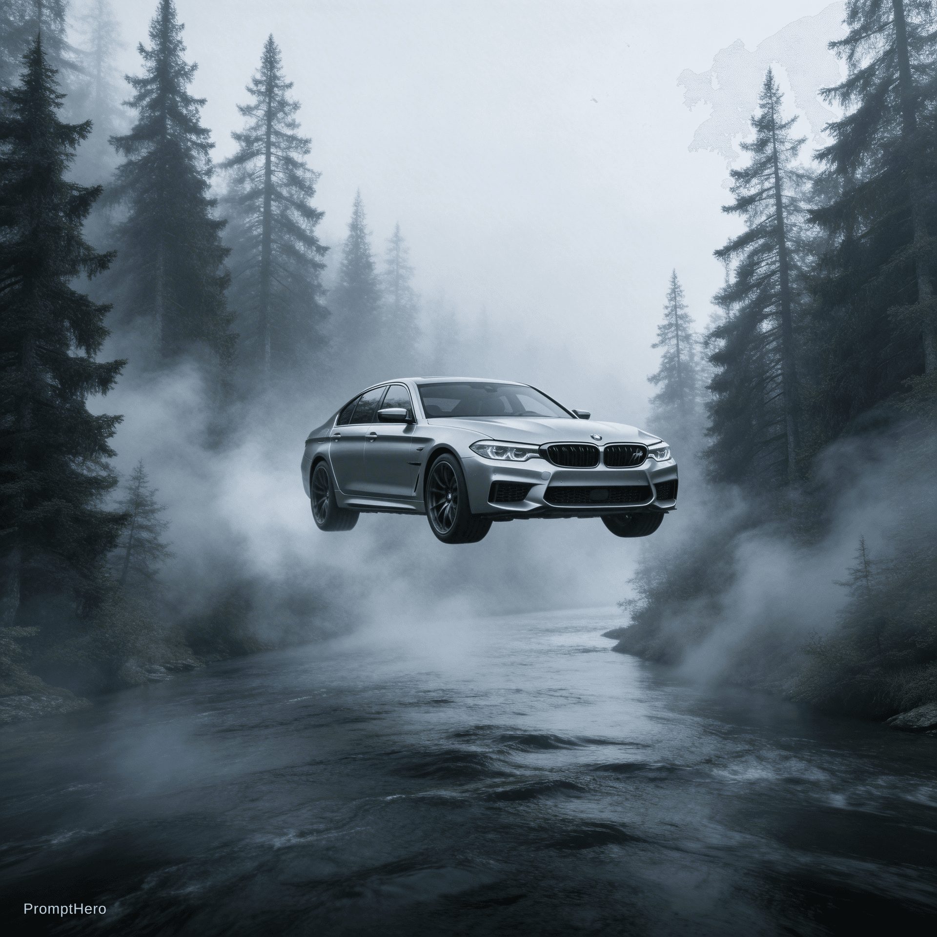 AI generated: CREATE A BMW M5 CAR IS IN FOREST IN FRONT OF RIVER AND BMW M5 WAS JUMP  THE RIVER TO CROSS WITH WHIT...