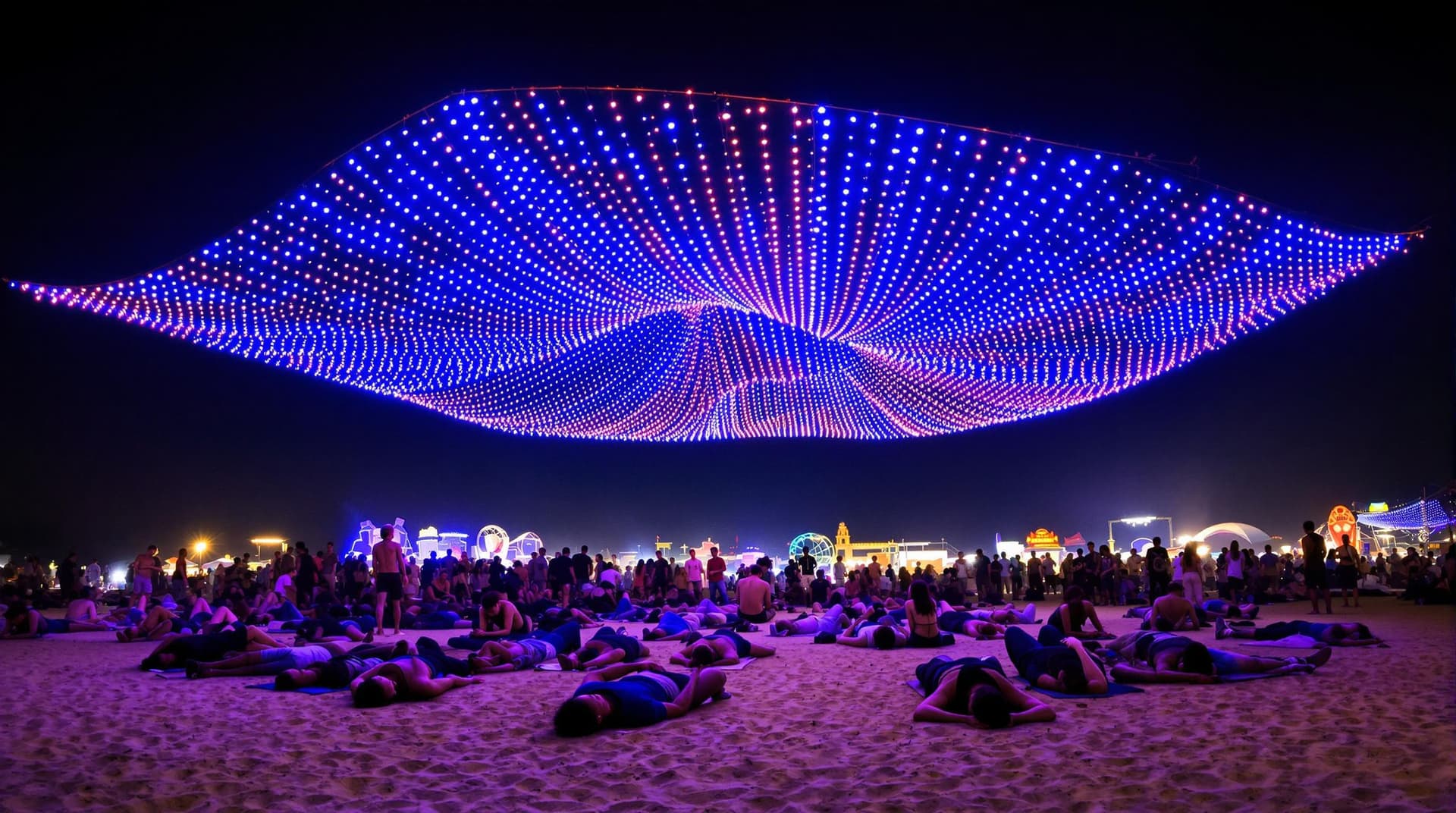 AI generated: A vibrant nighttime scene at an outdoor event, reminiscent of a festival or gathering like Burning M...