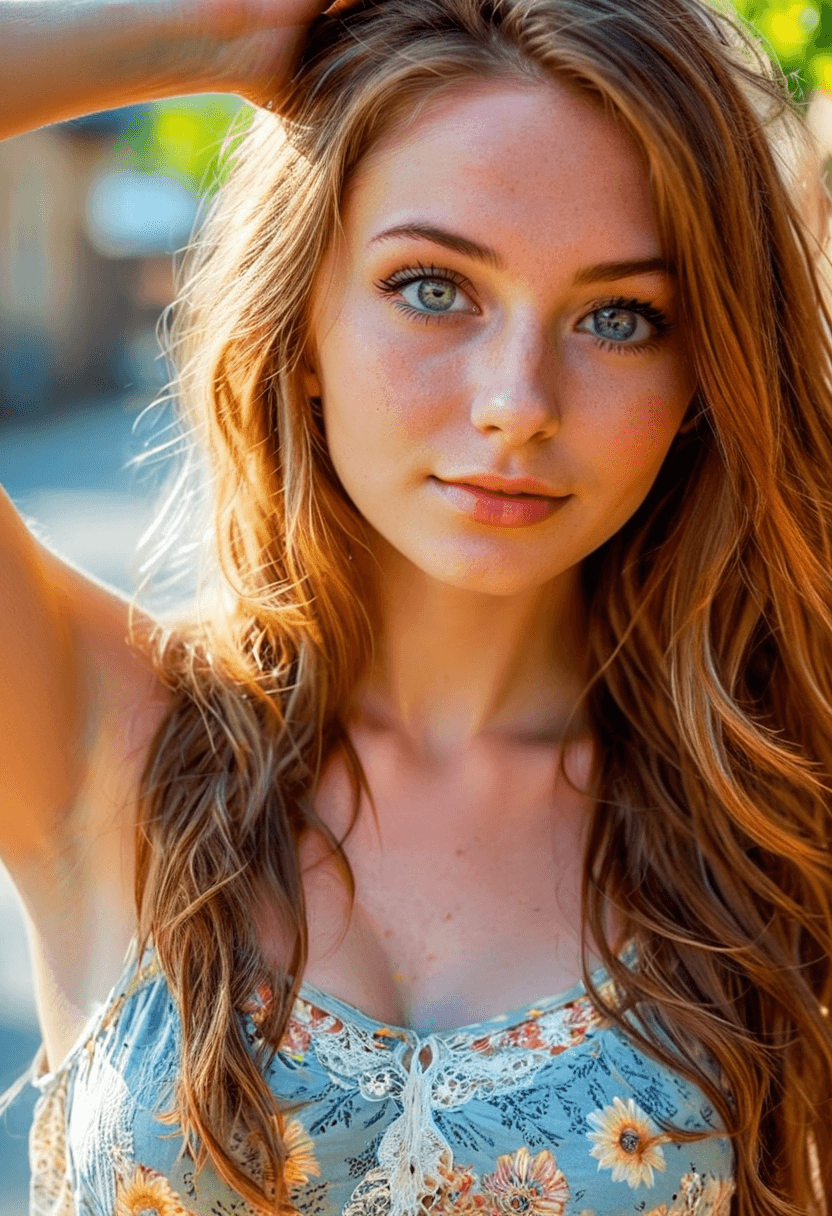 AI generated: HDR photo of beautiful young woman, selfie, happy and smiling, long bronze hair, light-blue eyes, fa...