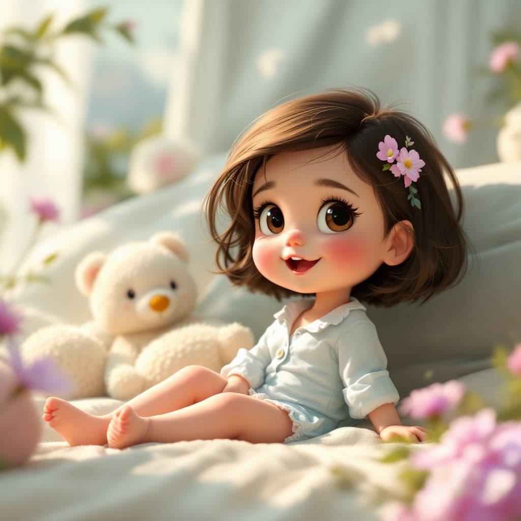 AI generated: a simple cartoon of a beautiful baby with brown hair and short hair , white background, princesscore...