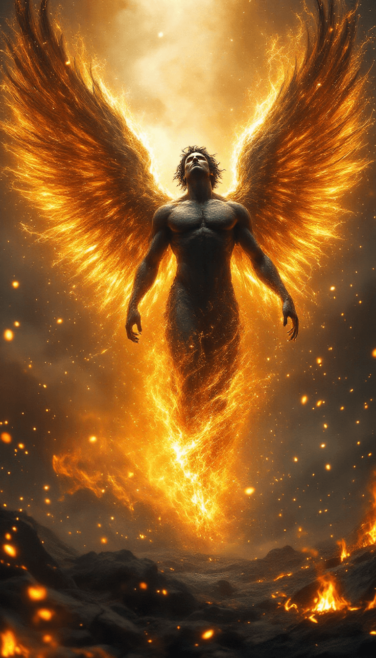 AI generated: A powerful, cinematic fantasy artwork depicting a mythic figure ascending in a blaze of divine fire....