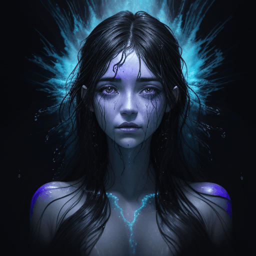 AI generated: A half body portrait of a woman made of blood, half body is submerged in blue and purple lava biolum...