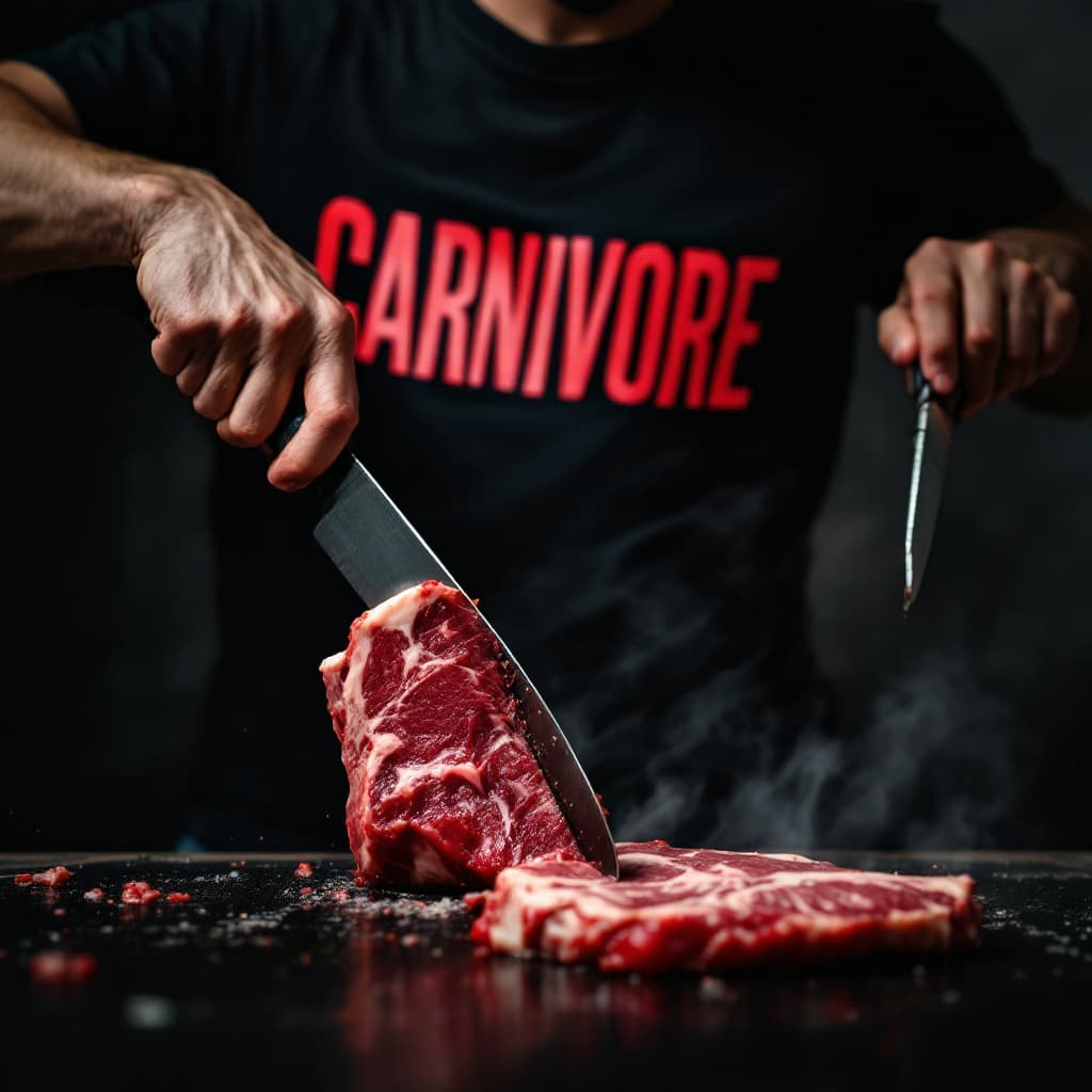AI generated: darker image of person in black t-shirt with sign Carnivore in red cutting big chunk of meat. show m...
