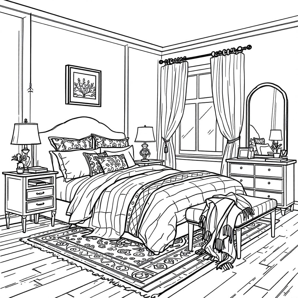 AI generated: Create a high-resolution black-and-white line drawing of a cozy adult bedroom. Include detailed elem...