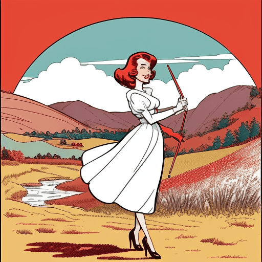 AI generated: Pen and ink, illustrated by Hergé, background landscape. pregment woman red and white stick in hand,...