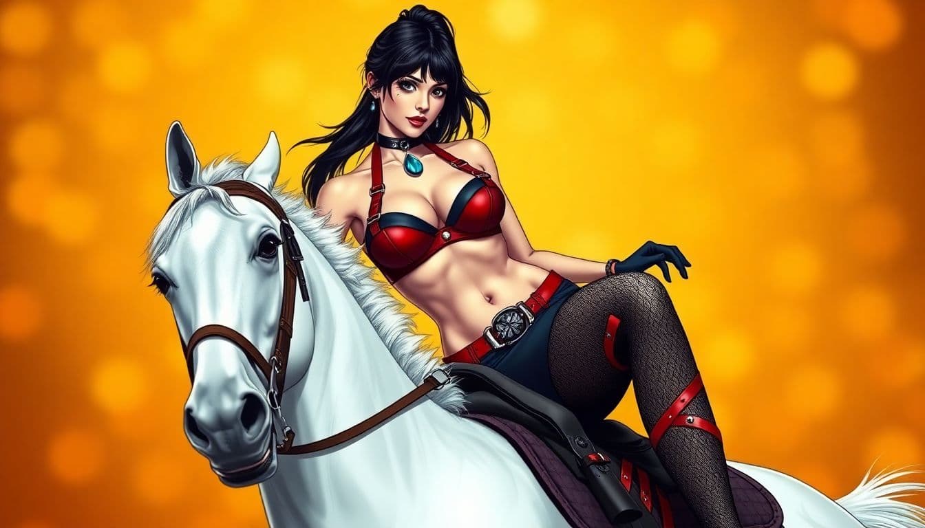 AI generated: a woman in a provocative pose, riding a white horse. The woman has dark hair pulled back into a pony...