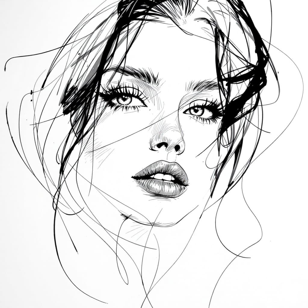 AI generated: A detailed sketch of a woman's face, featuring expressive and flowing line-work. The portrait highli...