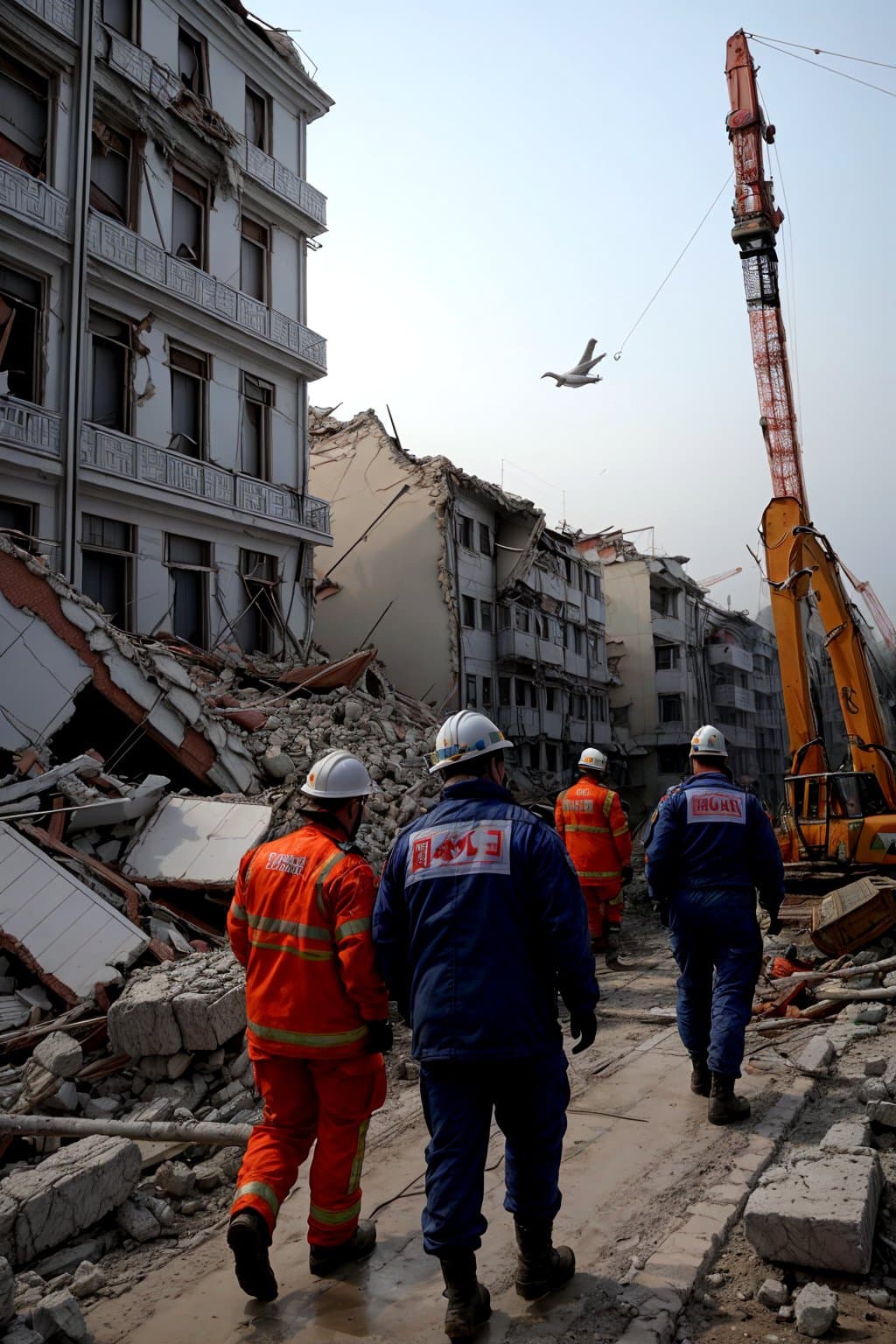 AI generated: following a huge earthquake, russian rescuers men dogs, cranes, seek survivors in the rubble, <lora:...