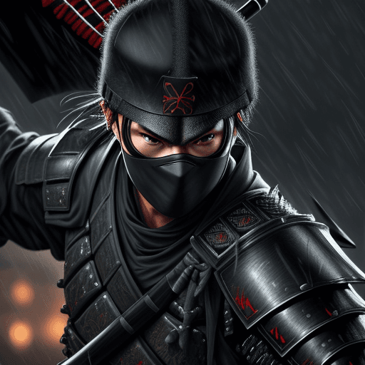 AI generated: Ninja wearing Samurai Armor, Sedge Hat, Ultra Realistic, Detailed, Katana Drawn, Raining, Dramatic L...