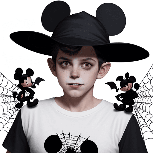 AI generated: Disney Mickey character, Halloween hat on his head, 3 bats of various sizes around him, spider in hi...
