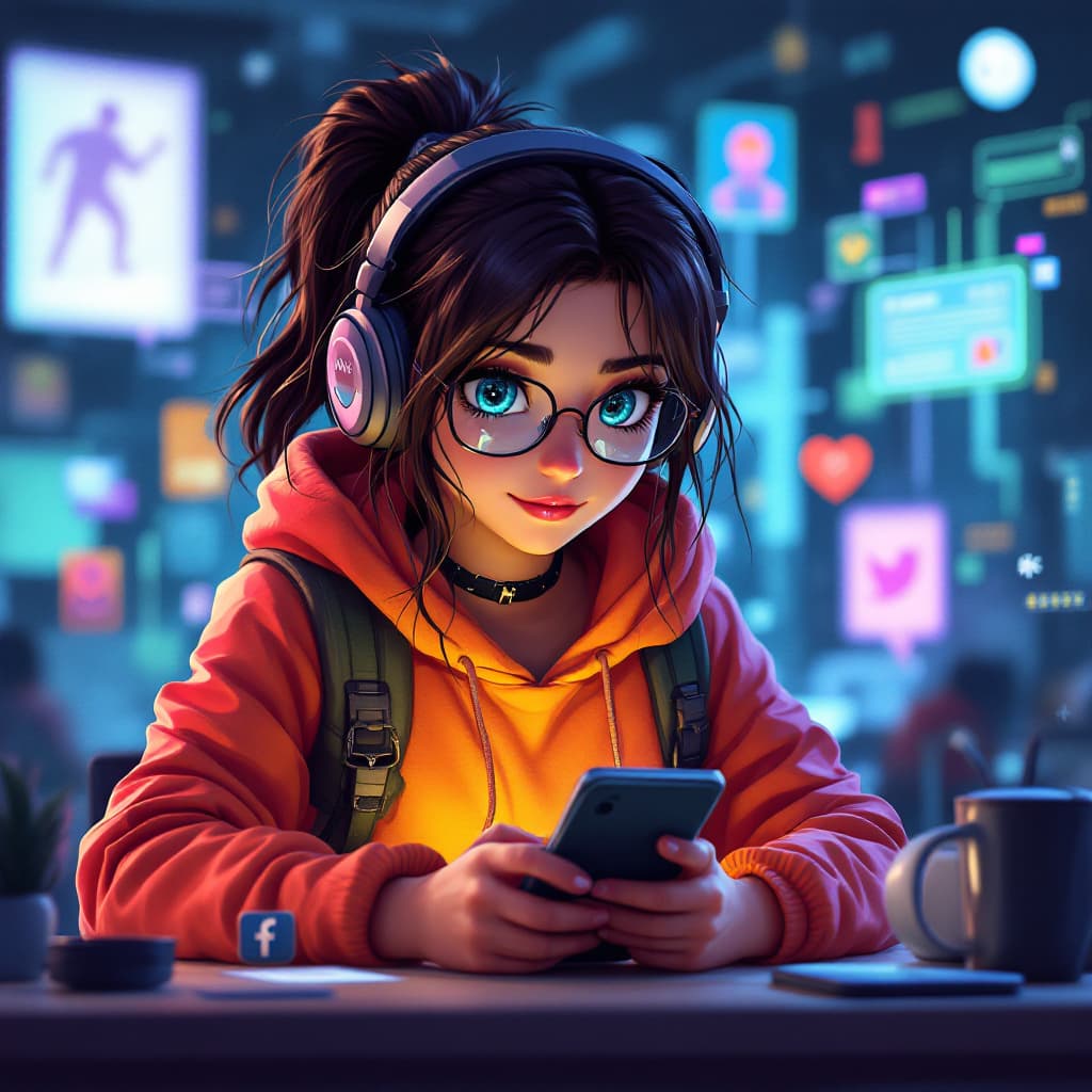 AI generated: a video game character of a young female hacker, surrounded by technology devices that allow her to ...