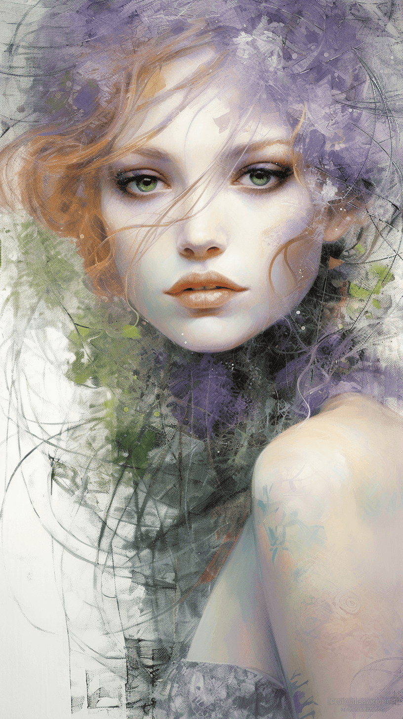 AI generated: A dreamy muse with ethereal silver eyes, in the style of Polka, emitting a gentle golden light, surr...