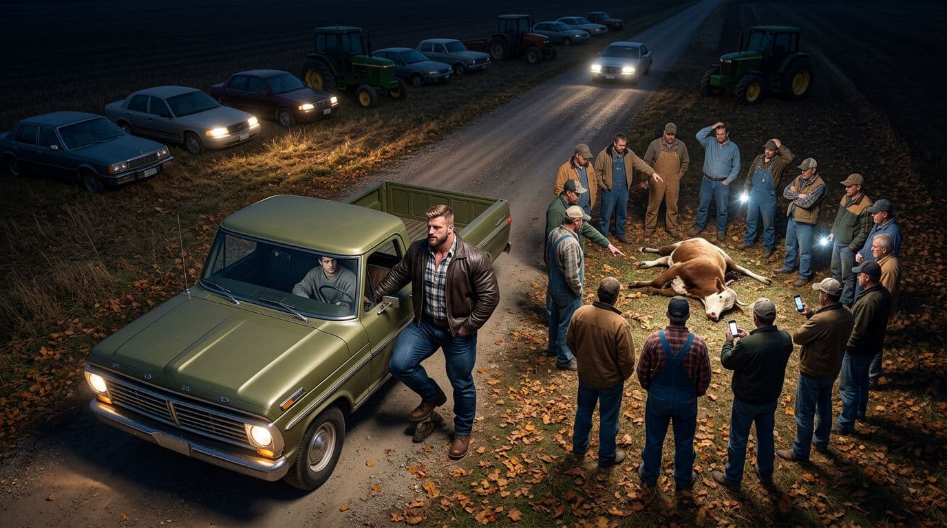 AI generated: In an Autumn night. the male muscular model is stepping out of a vintage olive green Ford pick up tr...