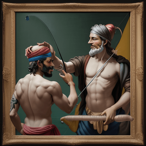 AI generated: Design a playful reinterpretation of Michelangelo’s 'The Creation of Adam,' showcasing a man in a Gu...