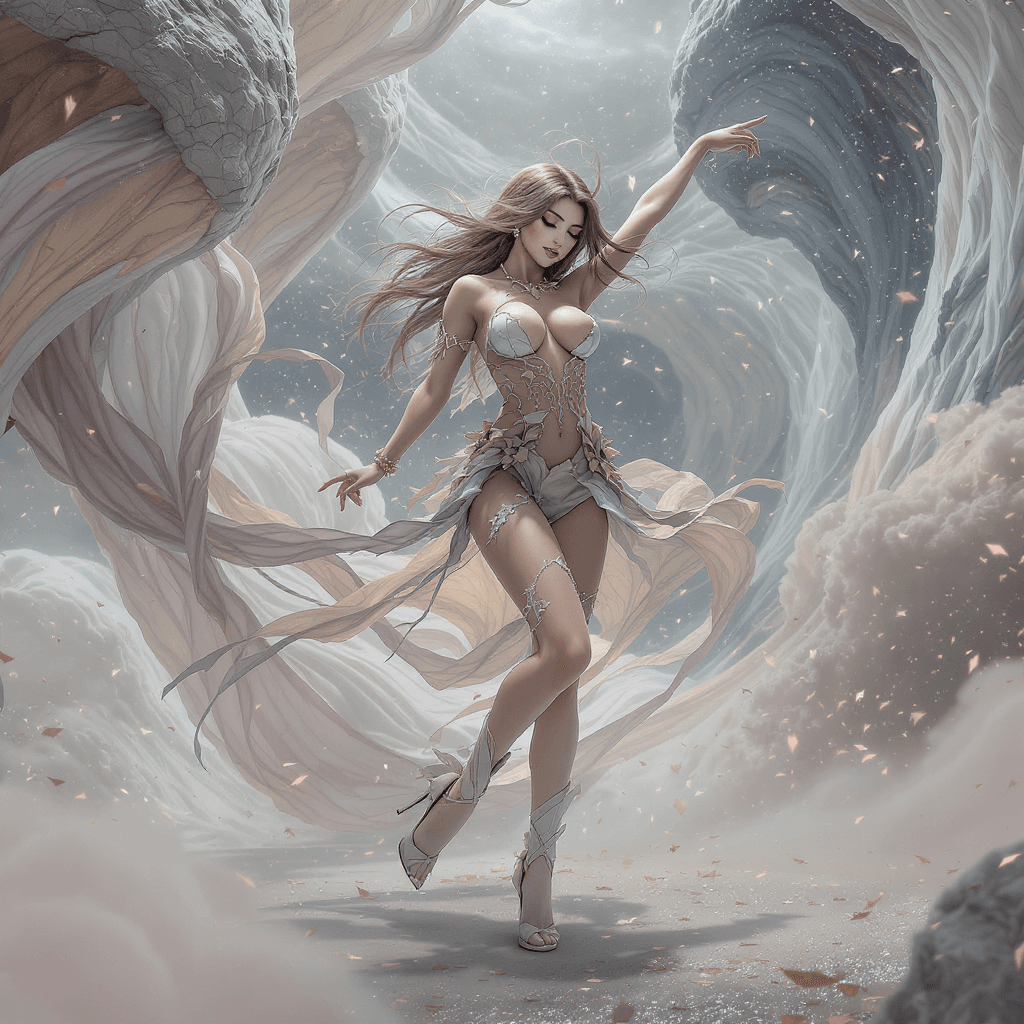 AI generated: caucasian brunette female , (high heels) , she in mini clothes made (( autunn leaves)), (dancing), e...