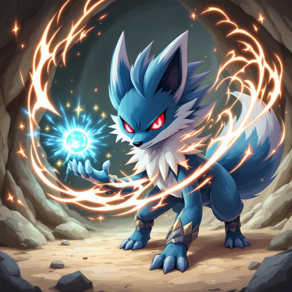 AI generated: fairy type lucario, red eyes,  attack stance, casting a blue energy ball, detailed, professional lig...