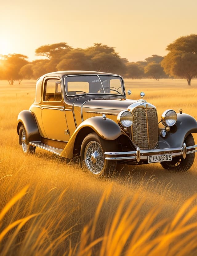 AI generated: a classic motorcar glistening in the golden sunlight, mood proud, amidst a sea of tall grasses on th...