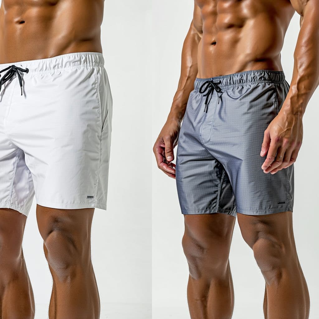 AI generated: Edit the original image to show the man wearing modern, fitted swimming trunks in beachwear style. T...