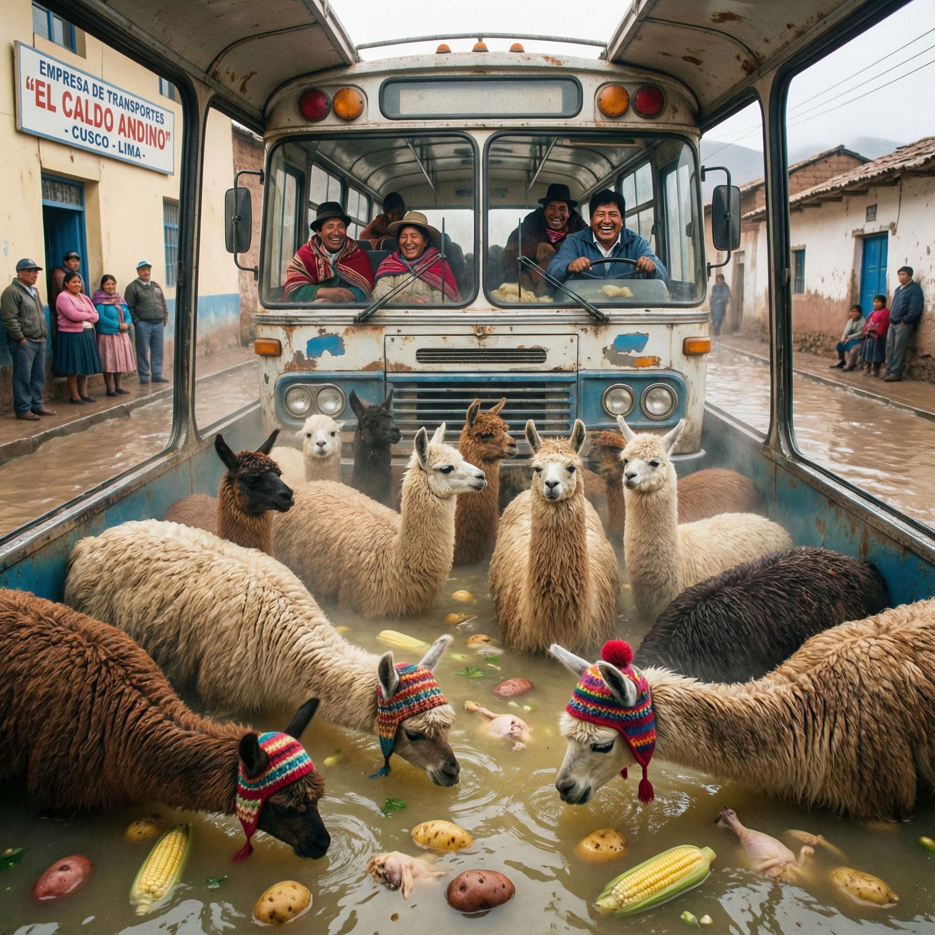 AI generated: Unas llamas dentro de un autobus en Perú, el autobús está inundado de caldo del que las llamas beben