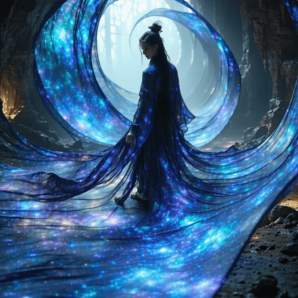 AI generated: A mysterious space binder, her form seeming to warp and bend as she navigates a realm where the dime...