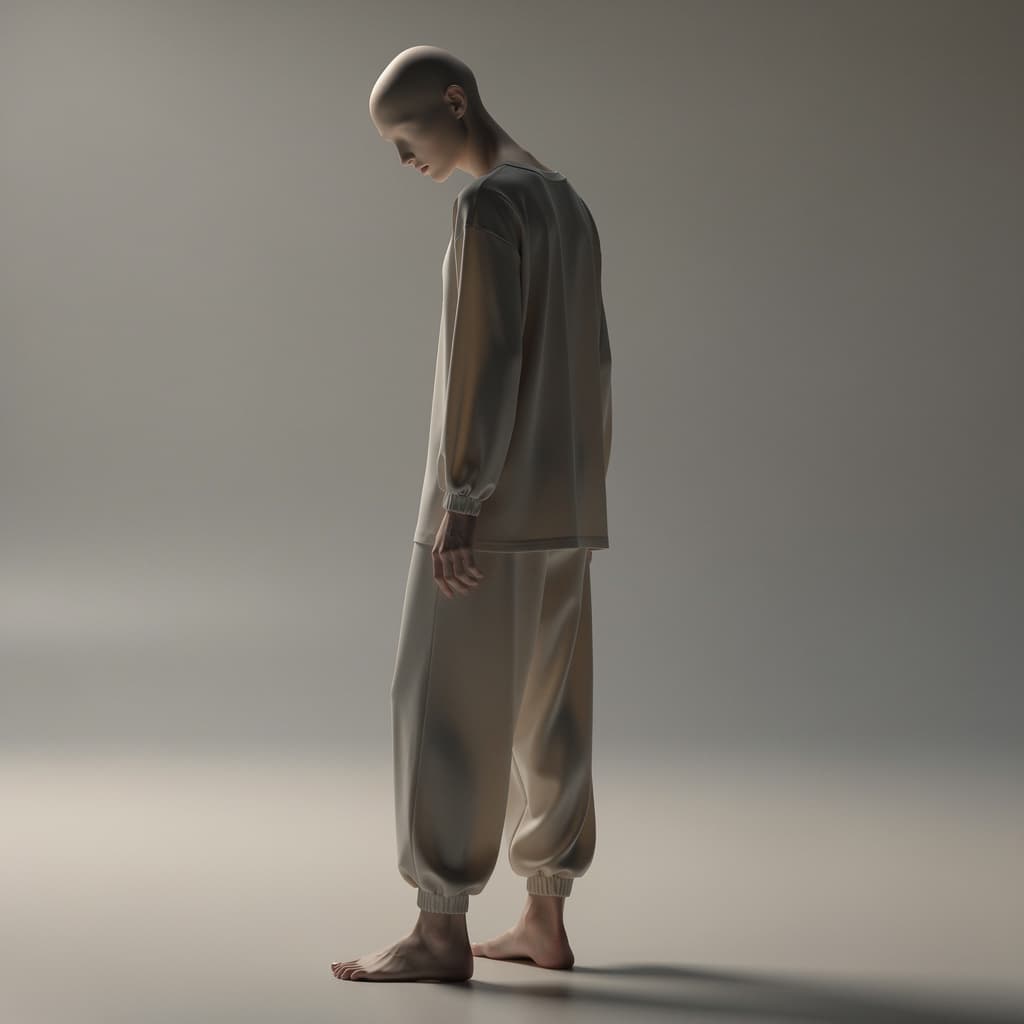 AI generated: androgynous human figure, slim elongated silhouette, full body,
faceless character, featureless face...