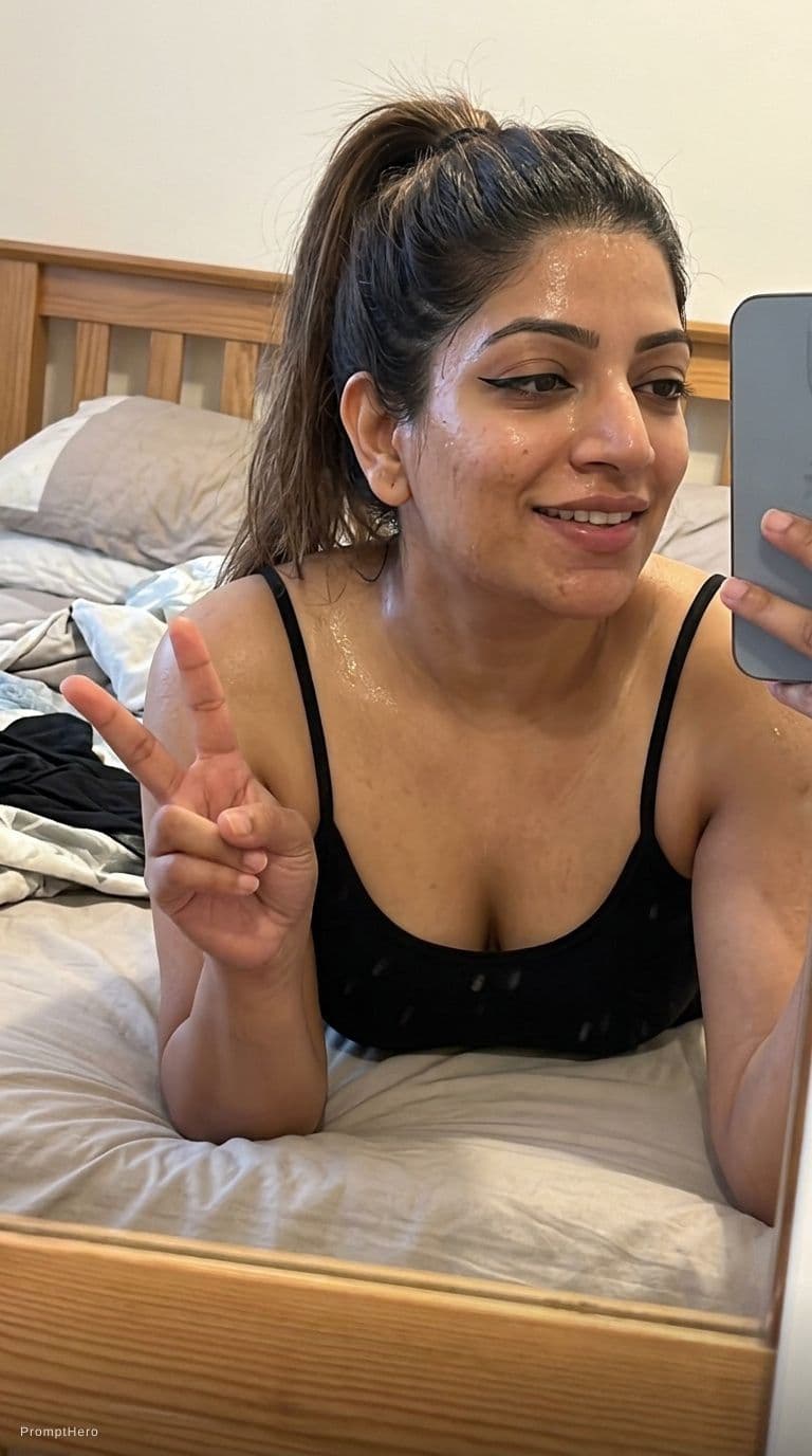 AI generated: Sitting on a bed taking a mirror selfie, doing hand peace sign, ponytail hairstyle, almost no makeup...