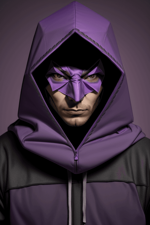 AI generated: Purple man in hood with big triangle mask