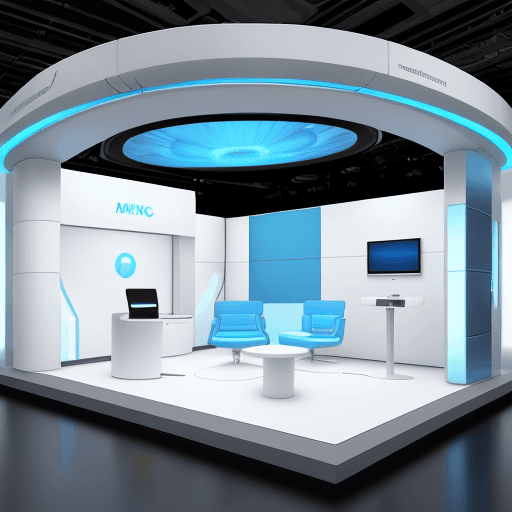 AI generated: Imagine a sleek and futuristic 20x10 booth for MRI Audio at a conference. The overall color scheme s...