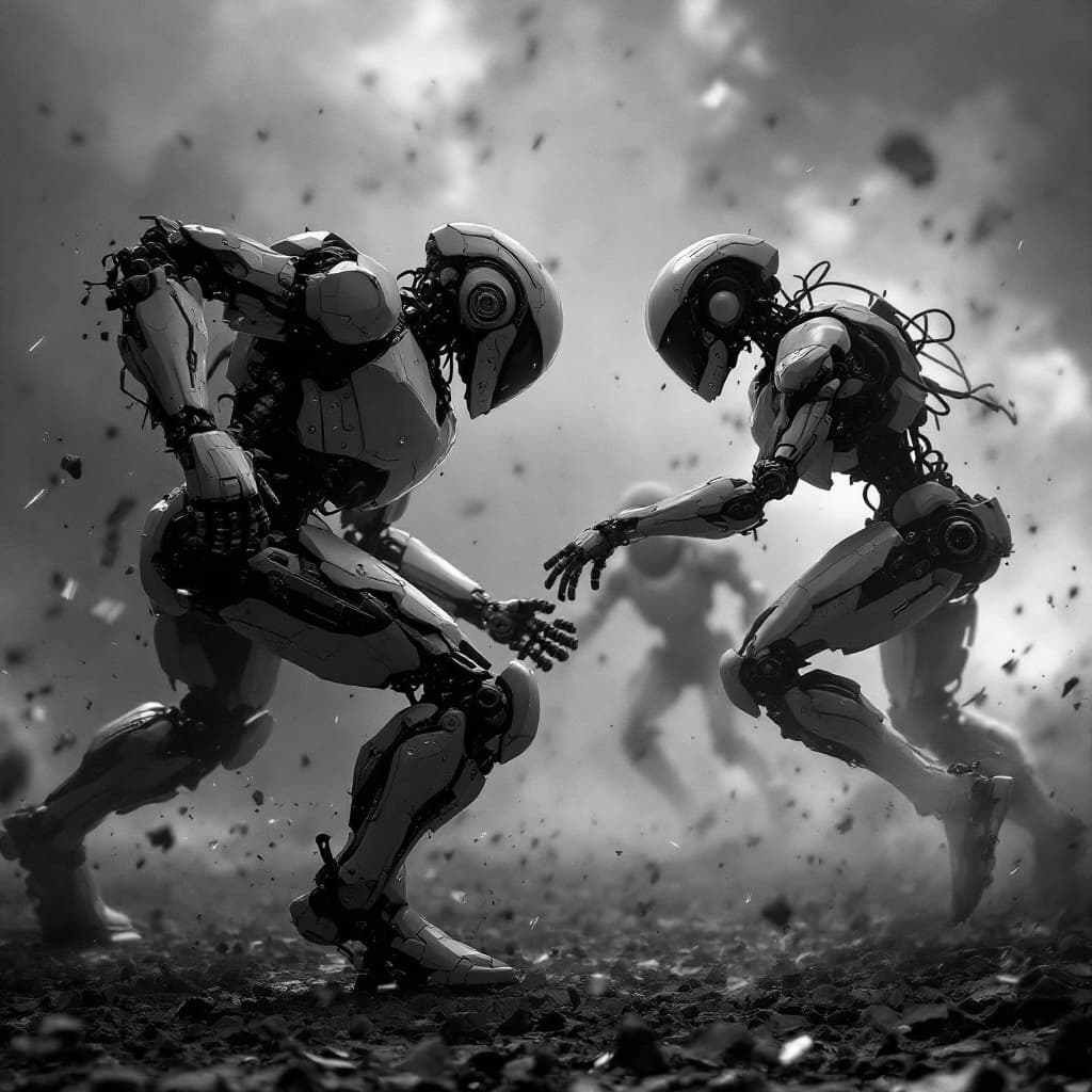AI generated: battle of the humanoid robots, robotic war found living in my make-believe made-up imagination that ...