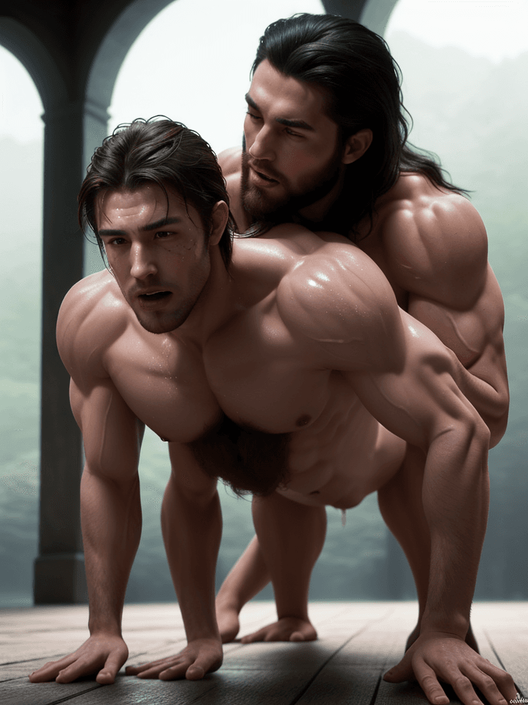 AI generated: ((two muscular handsome men)), ((full body shot), fully translucent unclothed), (((no clads))), ((do...