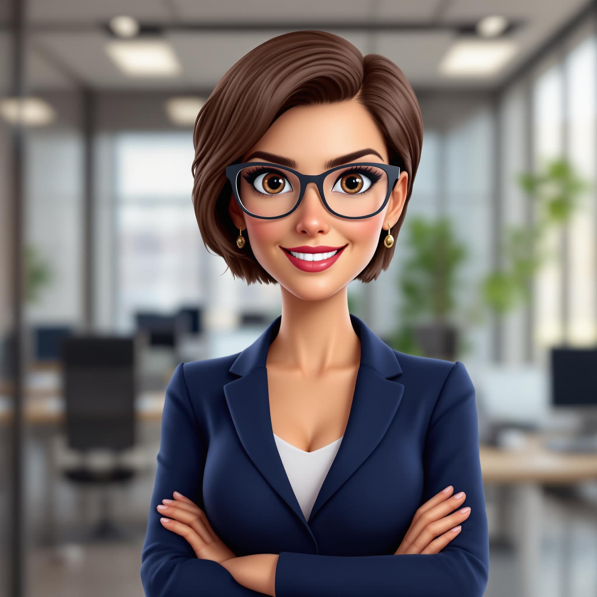 AI generated: A virtual avatar of an attractive woman in late forties with short brown hair and glasses, wearing p...