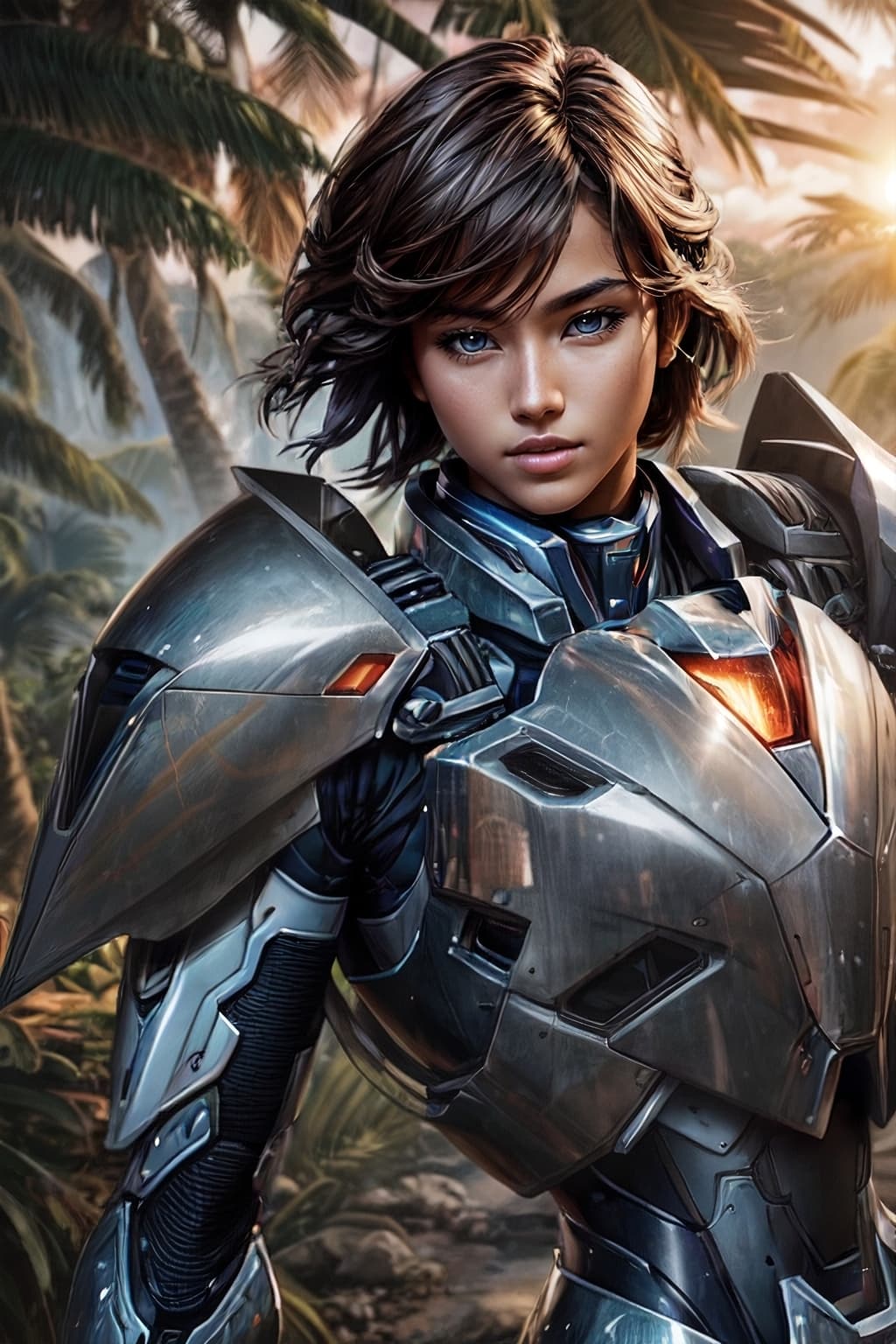 AI generated: style, sleek body armor, mecha soldier, portrait, 85mm, f1.8, close up, photo realistic, jungle back...