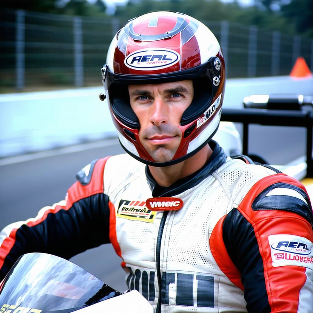 AI generated: A determined 40-year-old male race car driver, clad in a high-speed racing suit and full-face helmet...