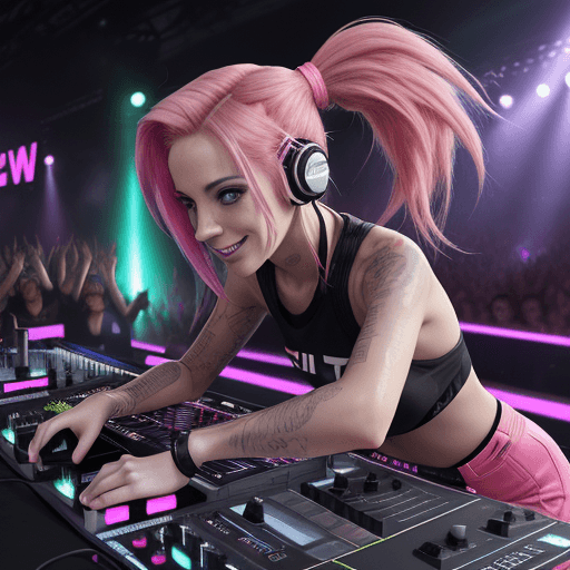 AI generated: RAW photo of female DJ, 24 years old, skinny, (futuristic DJ set:1. 2), bright pink hair, messy pony...