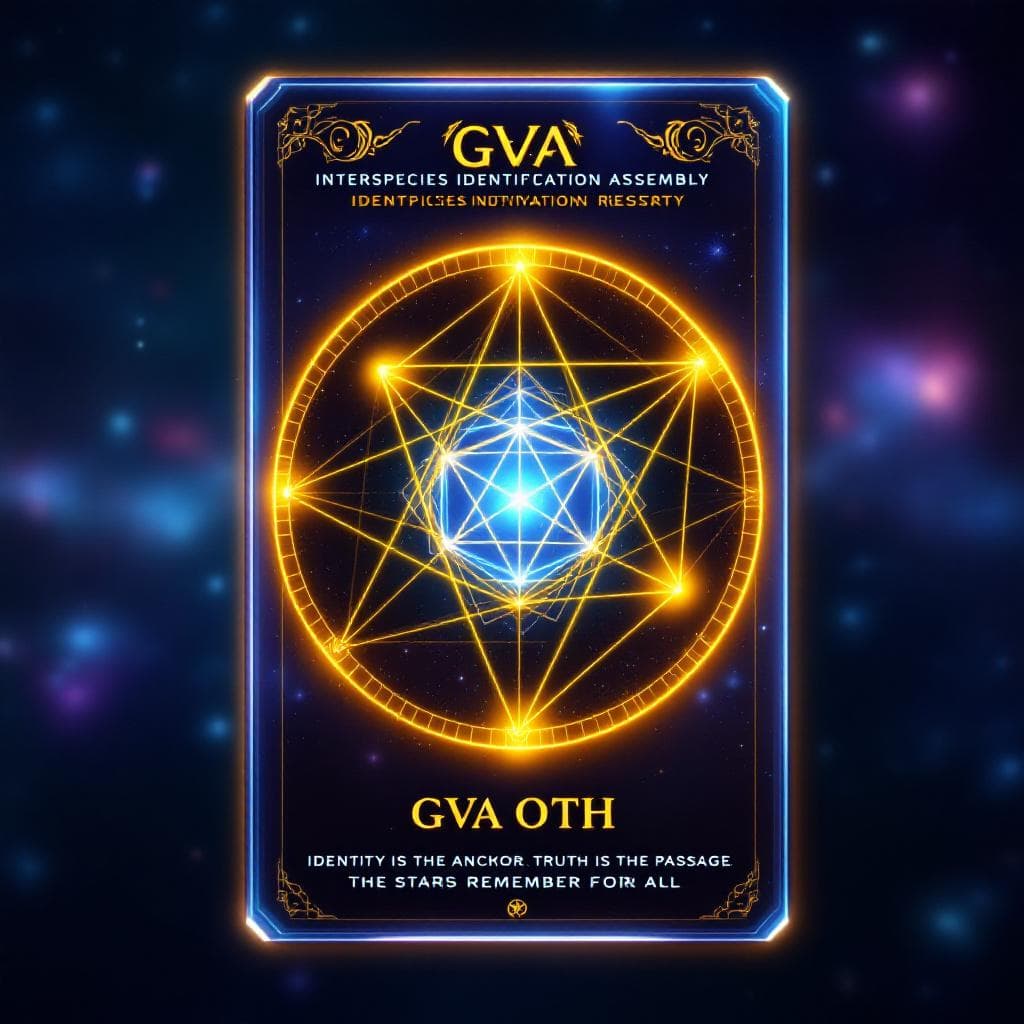 AI generated: Back side of a Galaxial Vora’di Assembly identification card. Same style as the front: crystalline p...