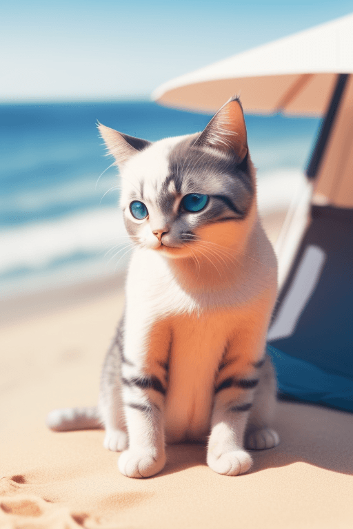 AI generated: close up a cute cat chill in a wonderful beach surrounded by cliffs and a clear sand beach in portug...