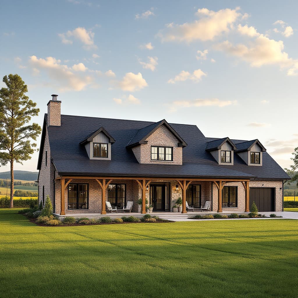 AI generated: Exterior Design
Location: Nestled on a sprawling plot surrounded by lush green fields, a few tall oa...