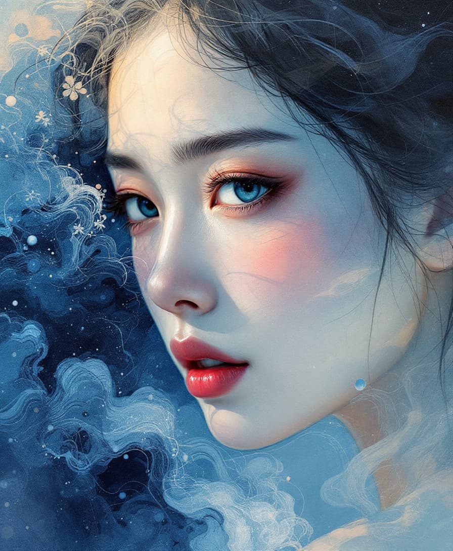 AI generated: a dreamy, abstract painting artwork portrait of a japanese woman 25 years old with her head in full ...