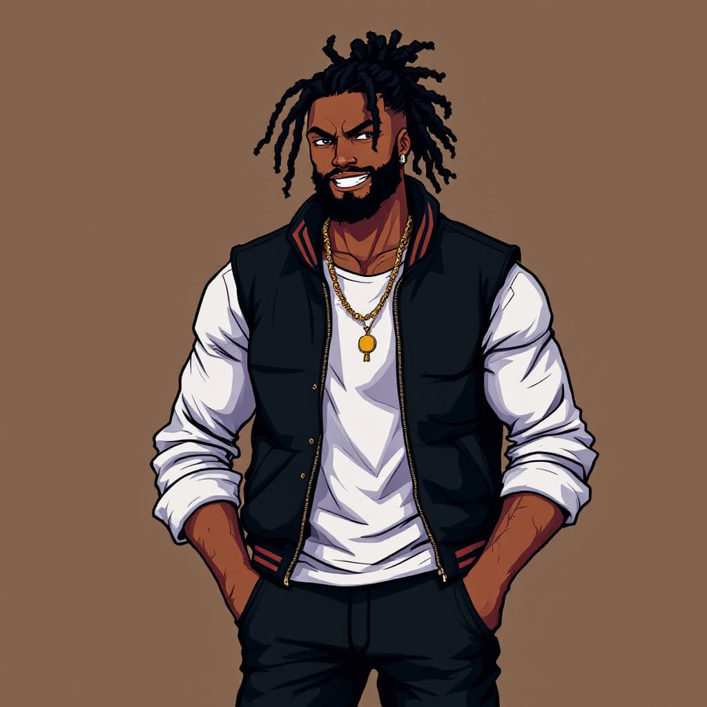 AI generated:  pixel art style of a black male with Espresso skin tone with  locs in a ponytail with a  full beard...